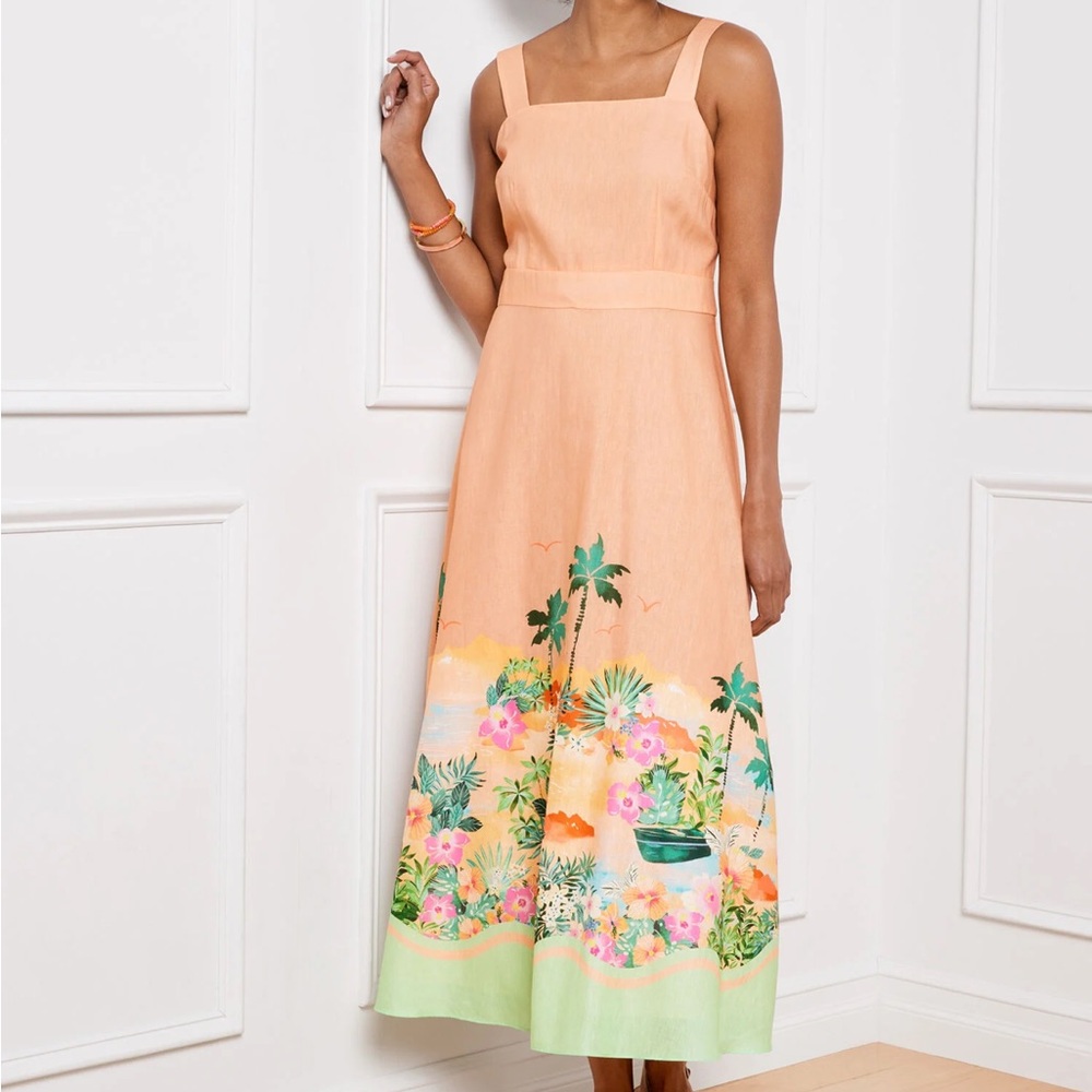 Talbots Dress Womens Petite PL Linen Blend‎ Maxi Sunset Horizon Tropical Resort